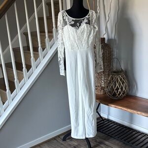 Off-White Long Sleeve Jumpsuit with Lace Appliqué and Sweetheart Neckline